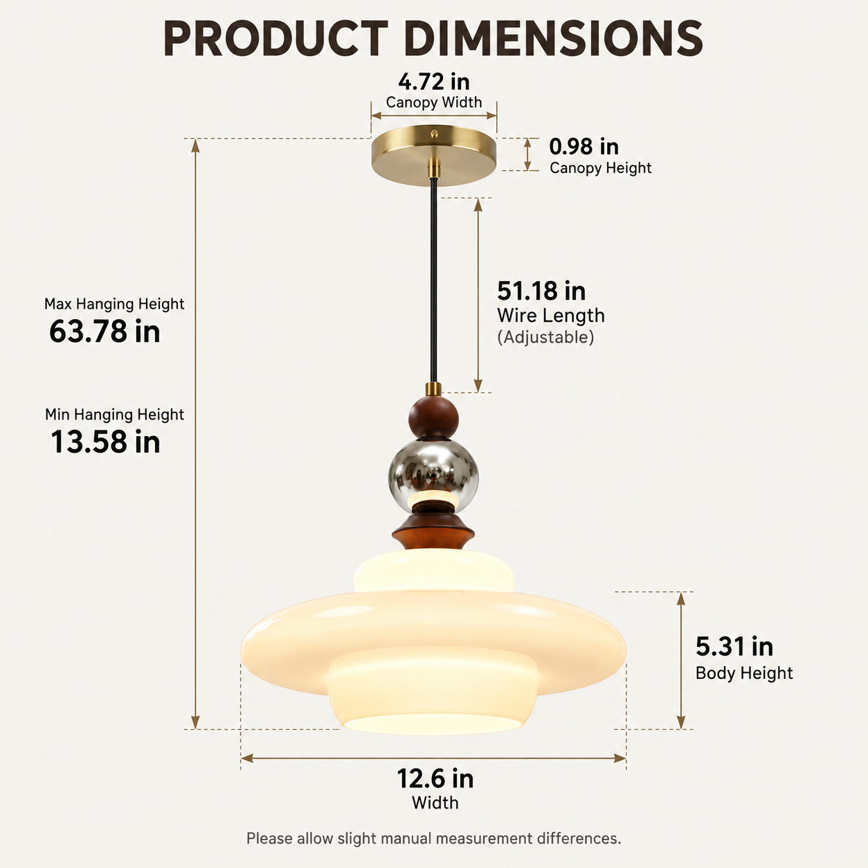 Mid century pendant light dimensions with 12.6 inch shade and adjustable 51.18 inch cord