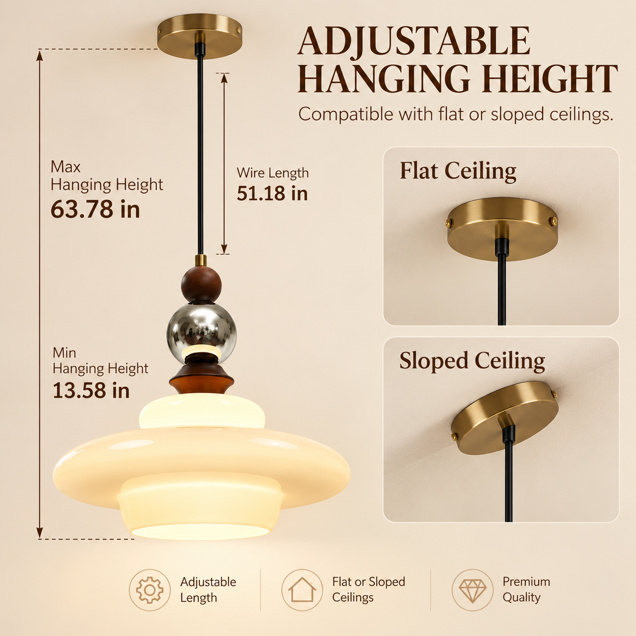 Adjustable pendant light for flat and sloped ceilings with 51.18 inch wire