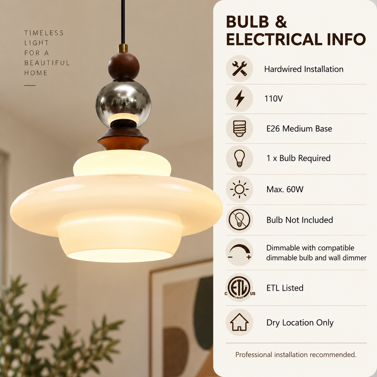 Frosted glass pendant light with walnut wood and polished metal decorative details