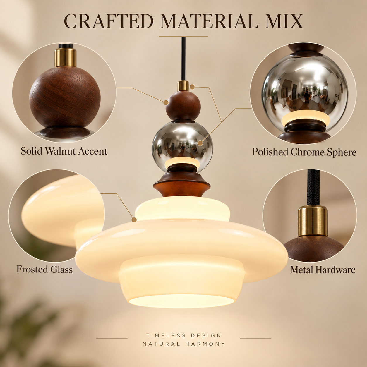 Walnut wood chrome metal and frosted glass materials on mid century pendant light