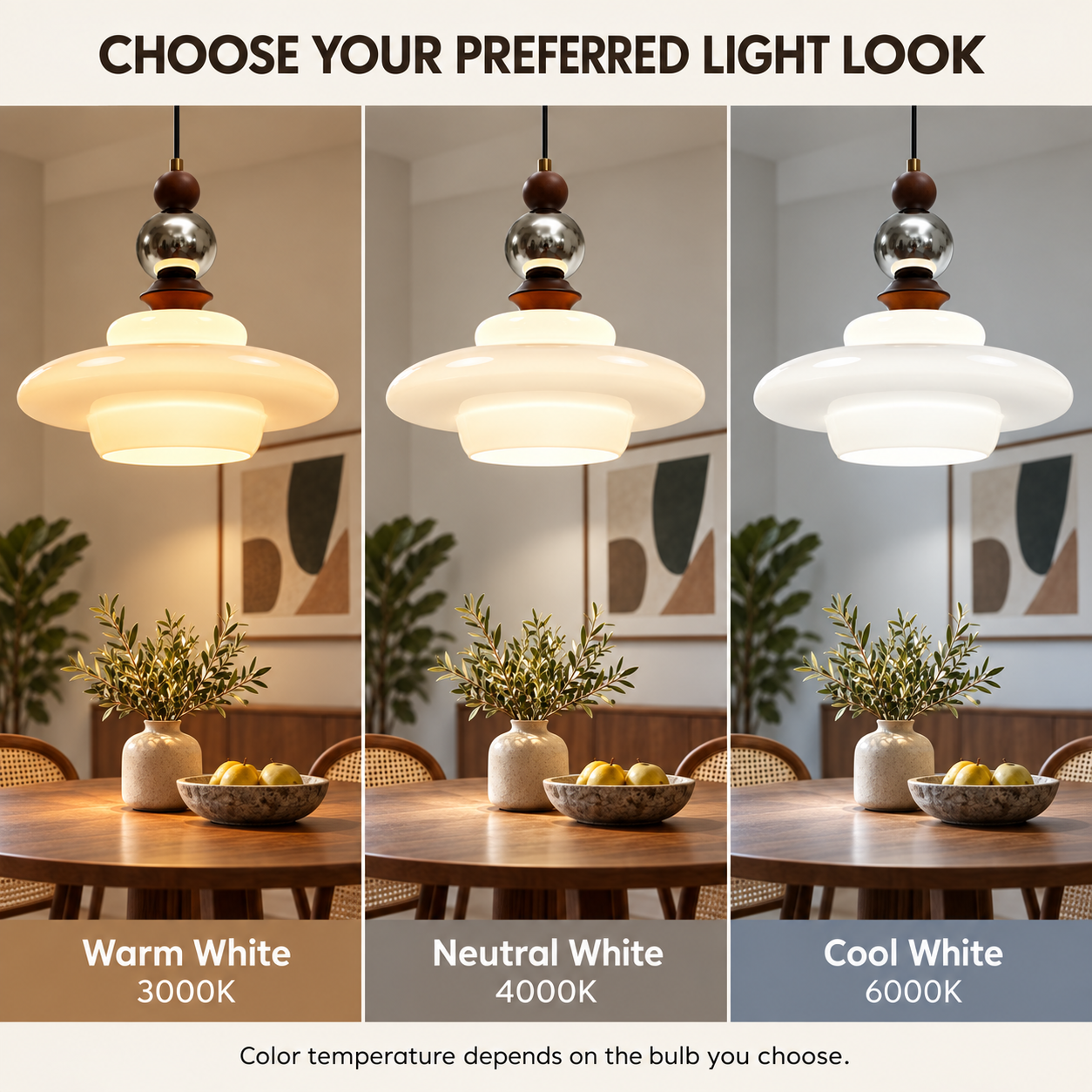 Mid century pendant light shown with 3000K 4000K and 6000K compatible bulb color temperatures