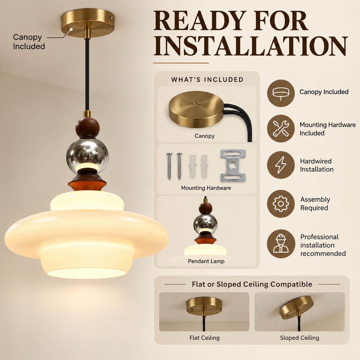 Hardwired pendant light with ceiling canopy mounting hardware and sloped ceiling compatibility