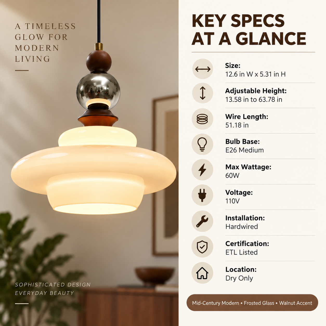 Mid century pendant light key specifications E26 60W 110V ETL listed
