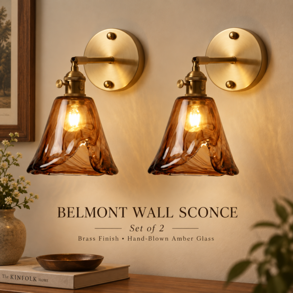 Amber glass wall sconce set of 2 with brass finish and hand-blown shades
