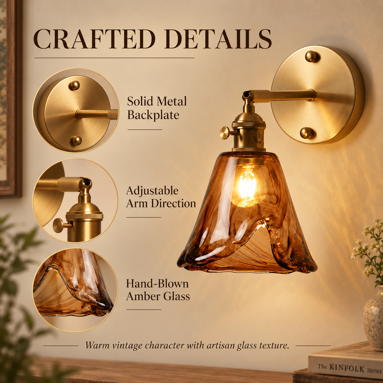 Brass wall sconce with solid metal backplate adjustable arm and hand-blown amber glass