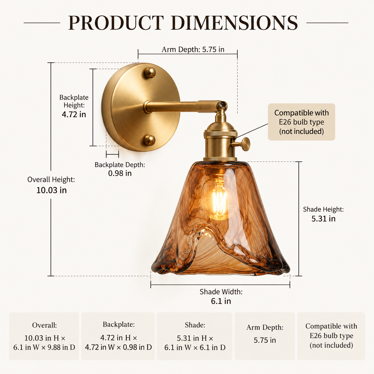 Amber glass wall sconce dimensions with 4.72 inch backplate and 6.1 inch shade