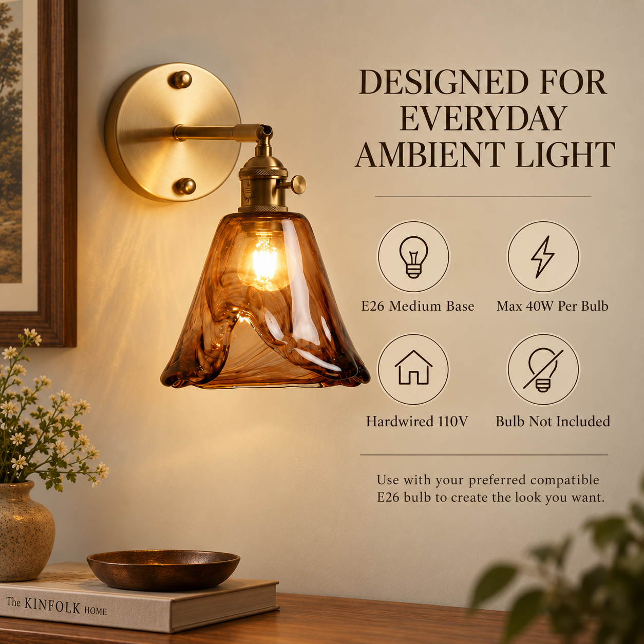 E26 brass wall sconce with 40W maximum wattage and hardwired 110V installation
