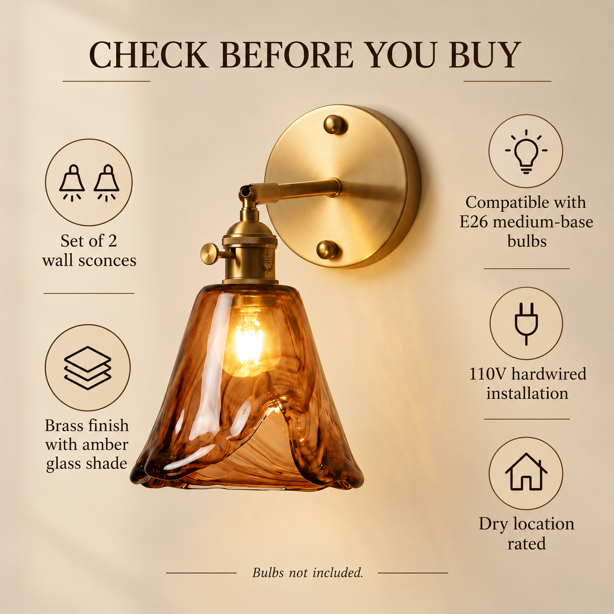 Brass and amber glass wall sconce buying guide with E26 bulb compatibility