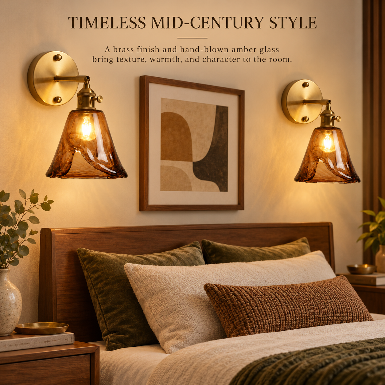 Mid century amber glass wall sconces with brass finish in warm bedroom decor