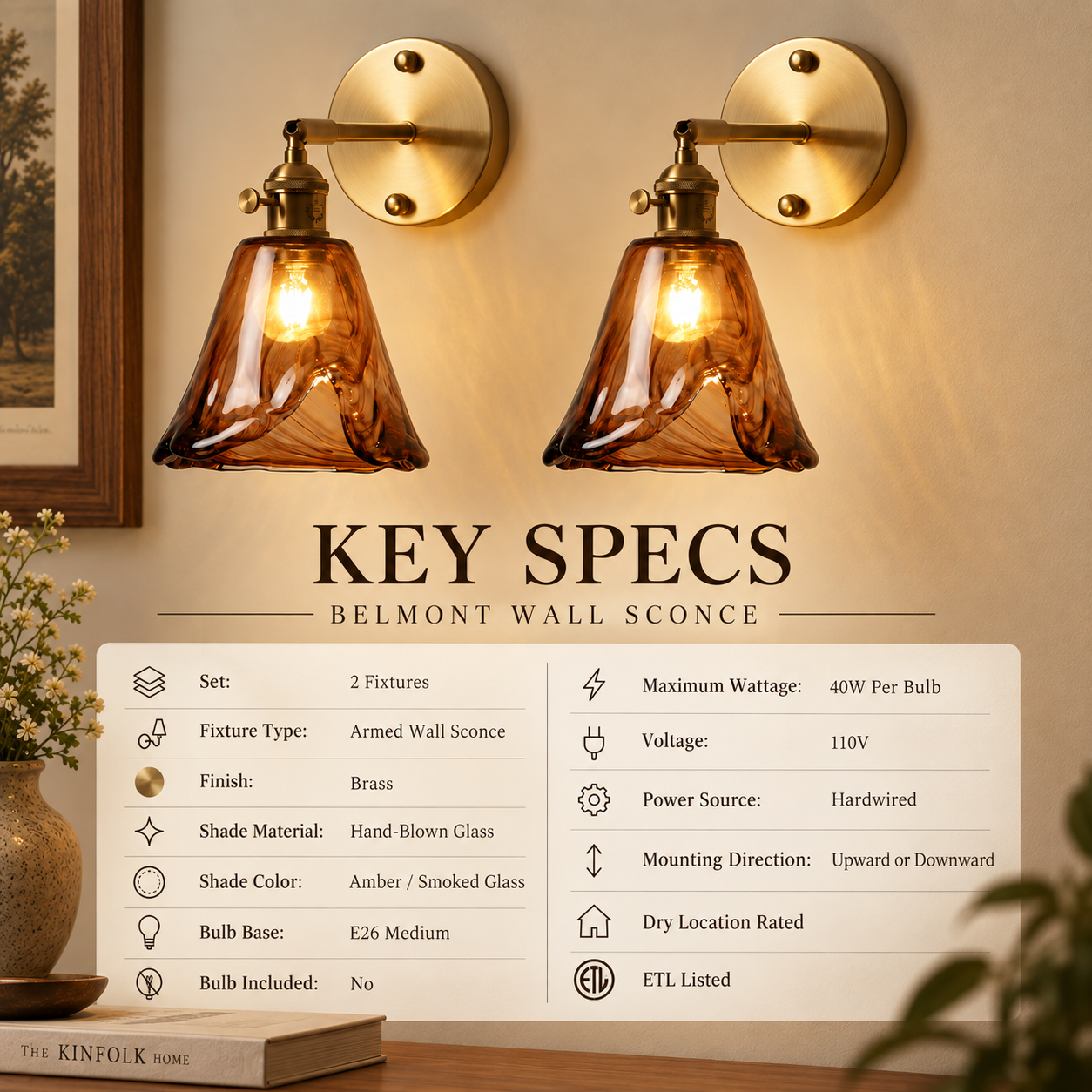 Amber glass wall sconce set of 2 key specifications including E26 and 40W max