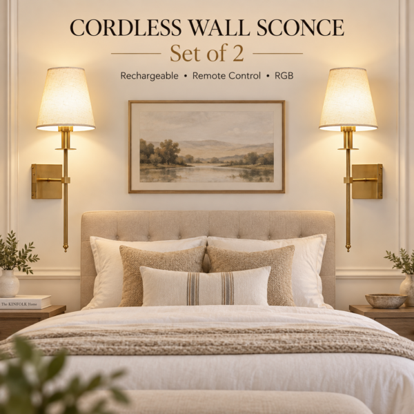Cordless wall sconce set of 2 with gold finish and fabric shades above a bed