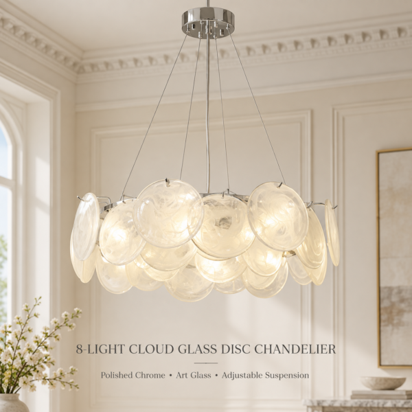8-light cloud glass chandelier with polished chrome finish and layered art glass discs