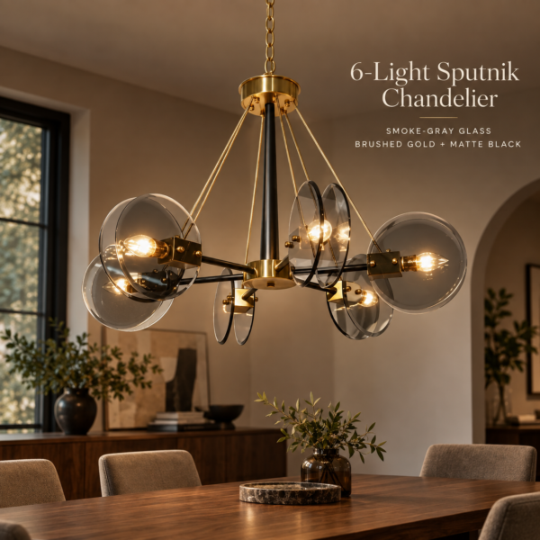 6-light smoke gray glass Sputnik chandelier with brushed gold and matte black finish above a dining table