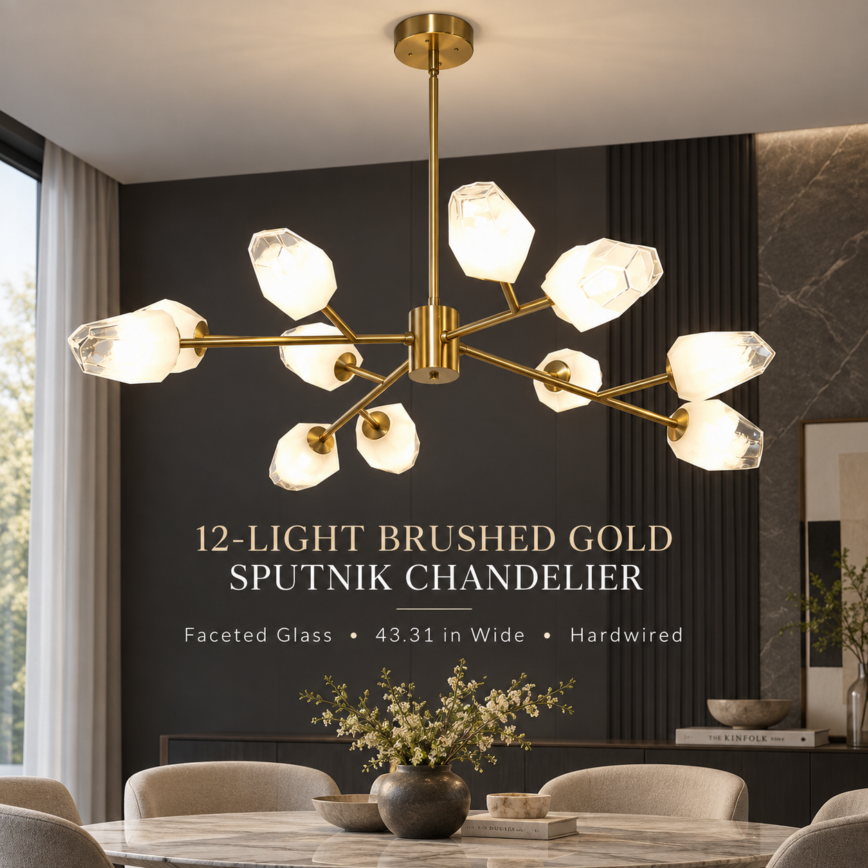 12-light brushed gold Sputnik chandelier with faceted glass shades above a modern dining table