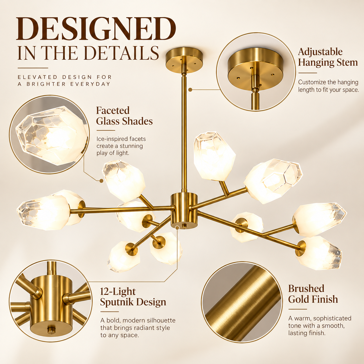 Close-up details of brushed gold Sputnik chandelier with faceted glass shades, canopy and central metal frame