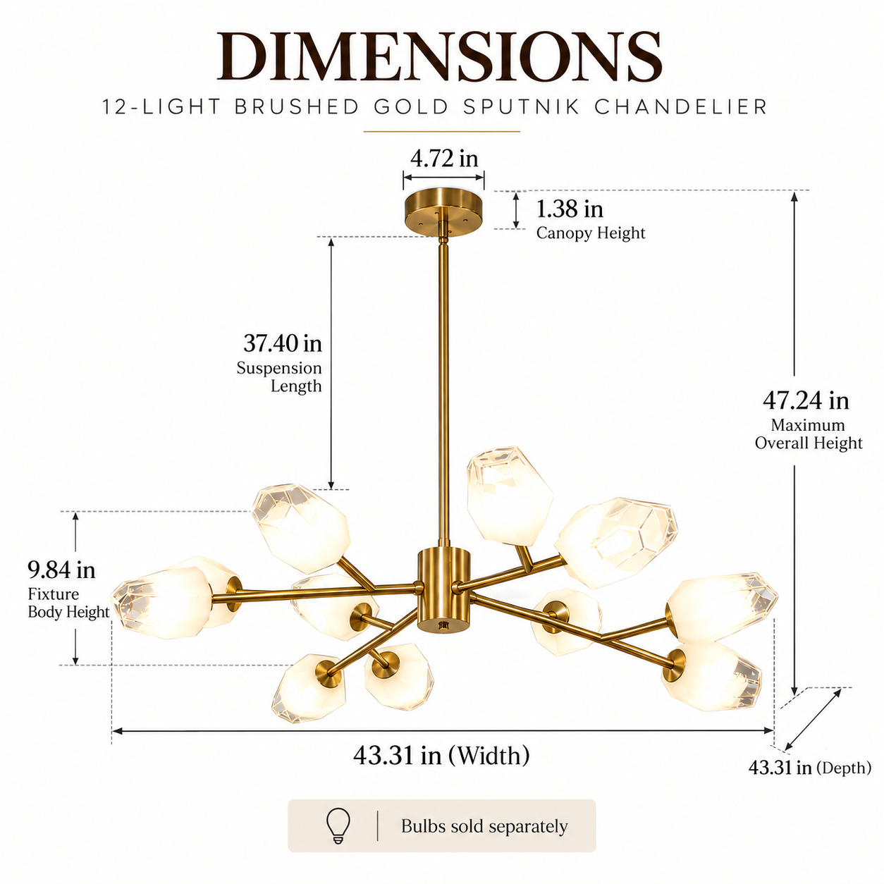 12-light Sputnik chandelier dimensions showing 43.31-inch width and 47.24-inch maximum overall height