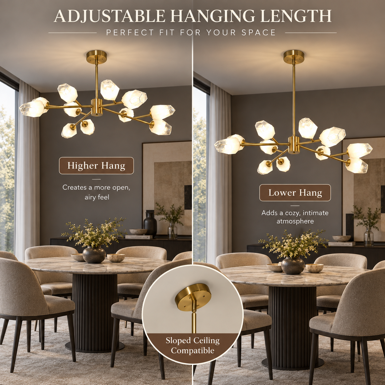 Brushed gold Sputnik chandelier with adjustable hanging length and sloped ceiling compatibility