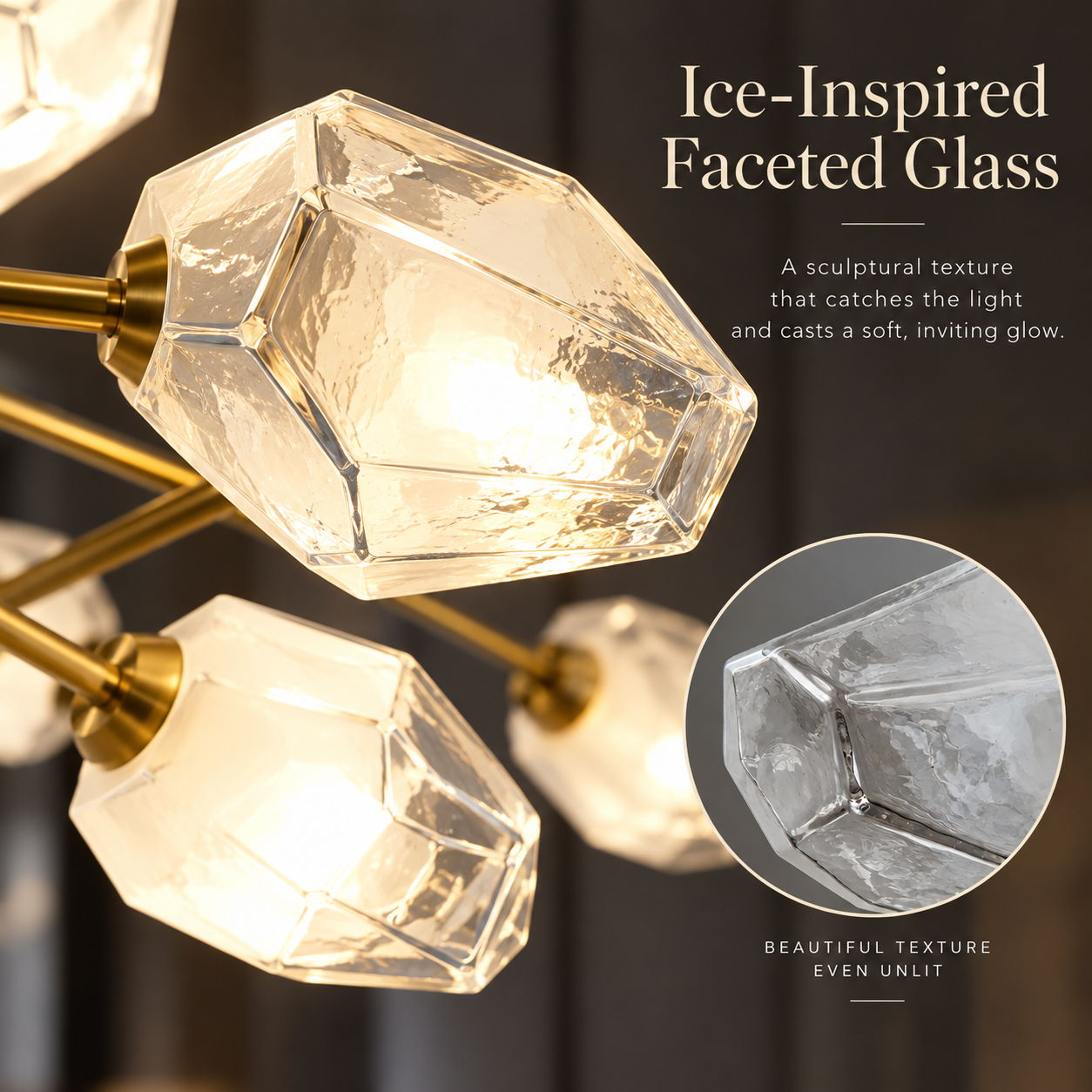 Close-up of ice-inspired faceted glass shade on a brushed gold Sputnik chandelier