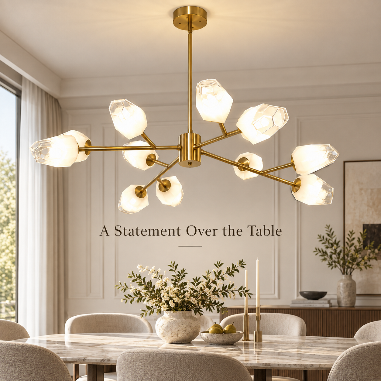 12-light brushed gold Sputnik chandelier installed above a modern dining table