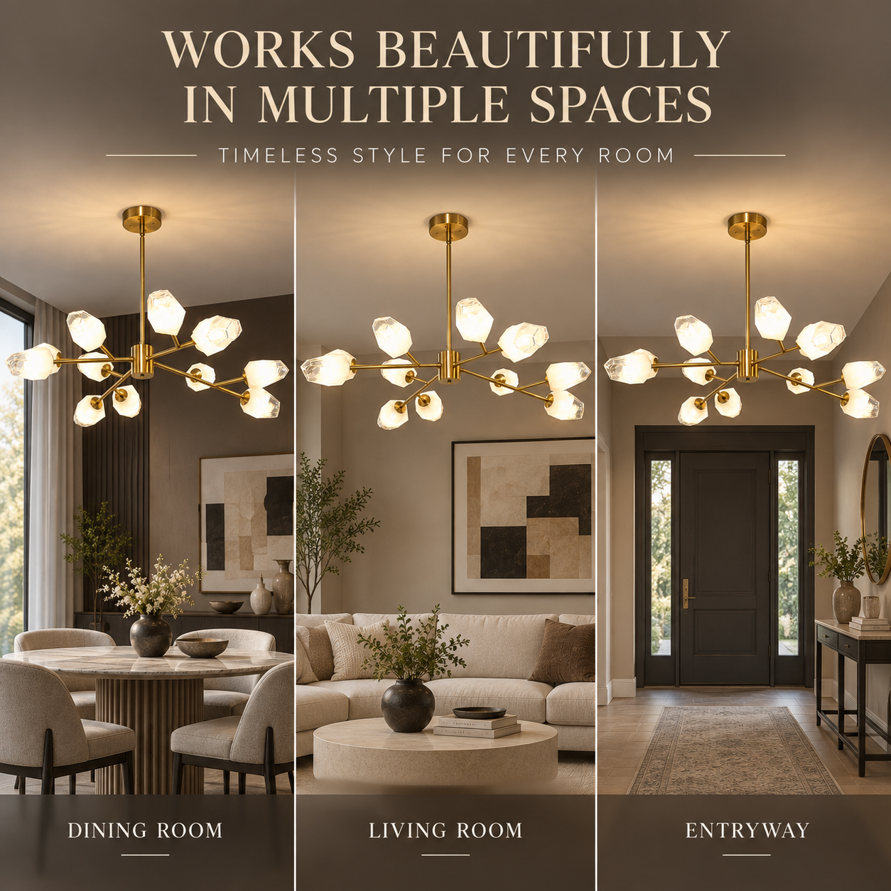 Brushed gold Sputnik chandelier shown in dining room living room and entryway dry indoor spaces