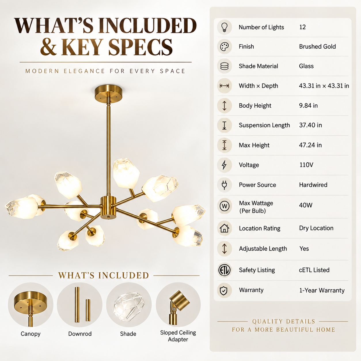 12-light brushed gold Sputnik chandelier key specifications and included installation components