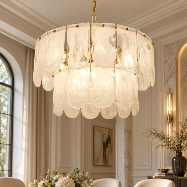 9-light two-tier water ripple cloud glass chandelier with gold chain in an elegant dining room