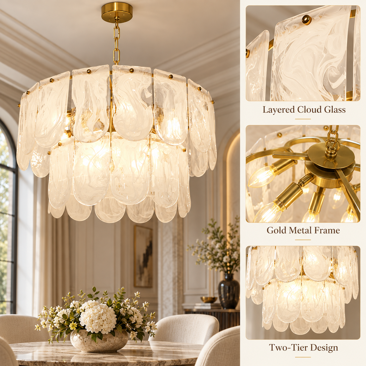 Close-up details of two-tier cloud glass chandelier with water ripple texture and gold metal frame