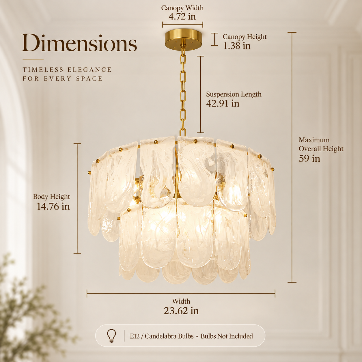 9-light chandelier dimensions showing 23.62-inch width, 14.76-inch body height and 59-inch maximum height