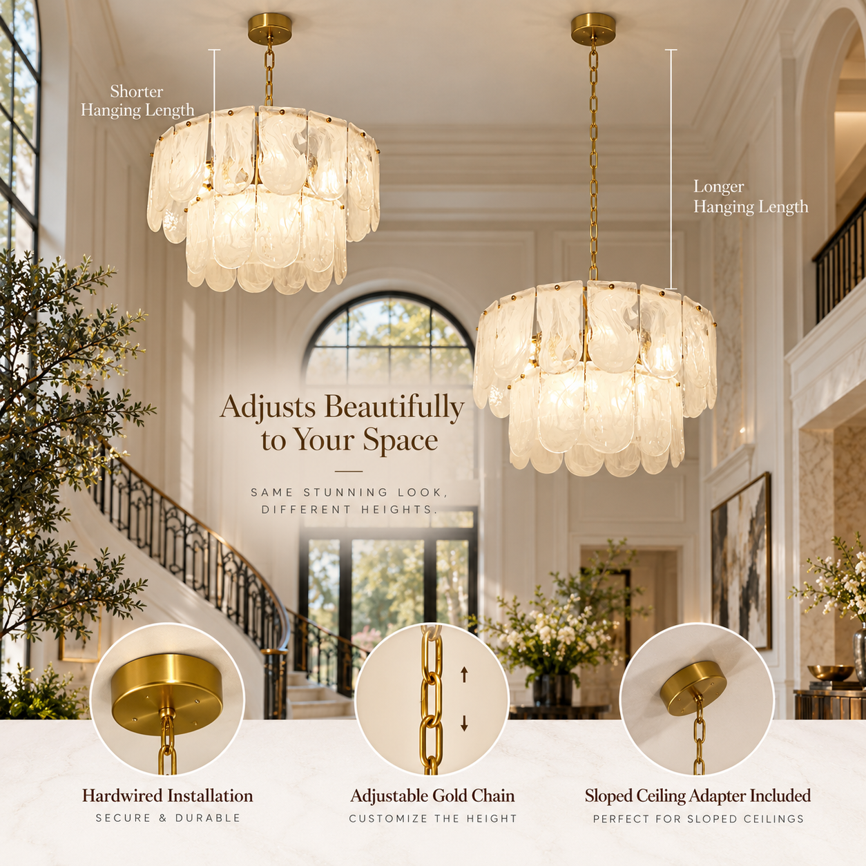 Two-tier glass chandelier with adjustable gold chain for shorter or longer hanging height