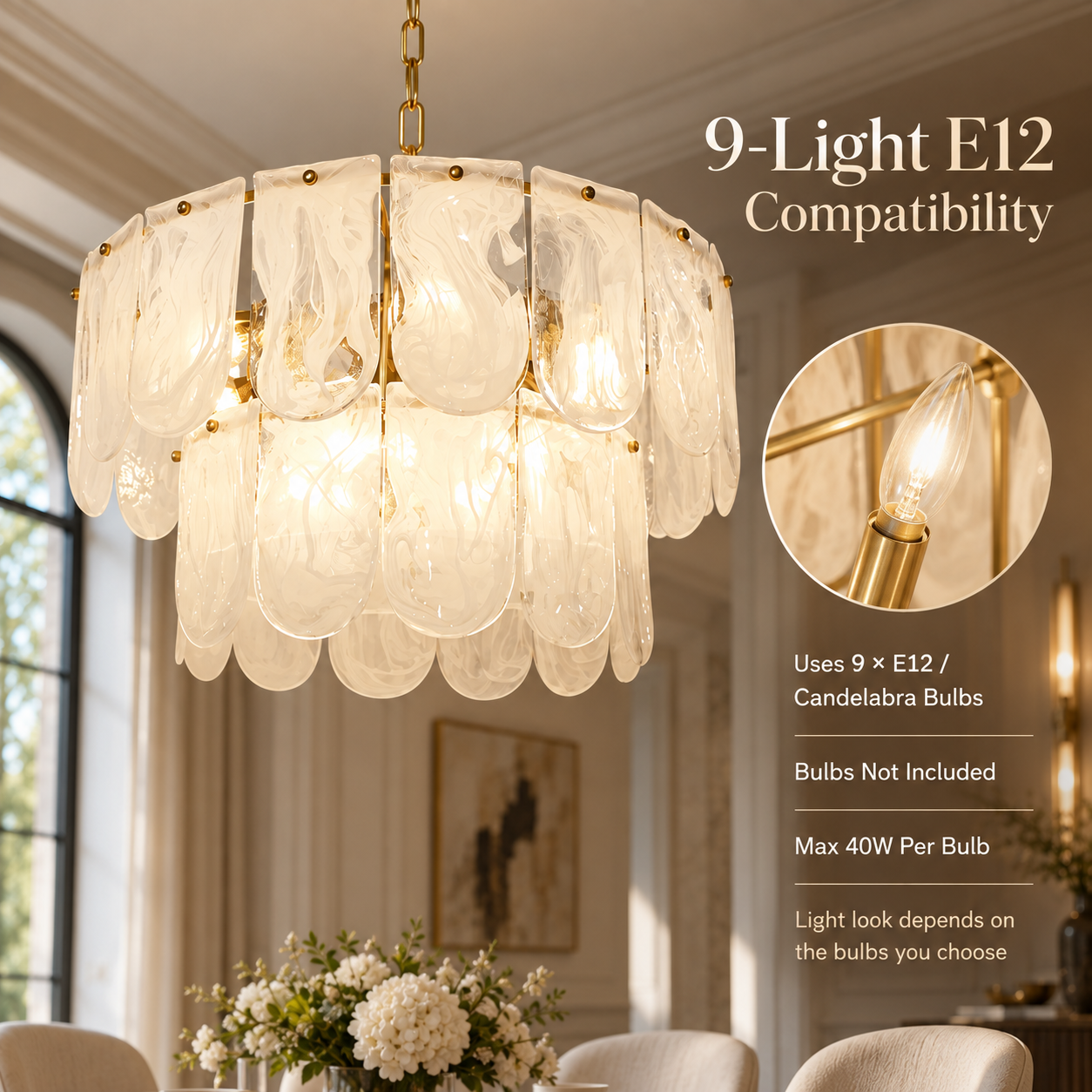 9-light water ripple glass chandelier compatible with E12 candelabra bulbs up to 40W per bulb