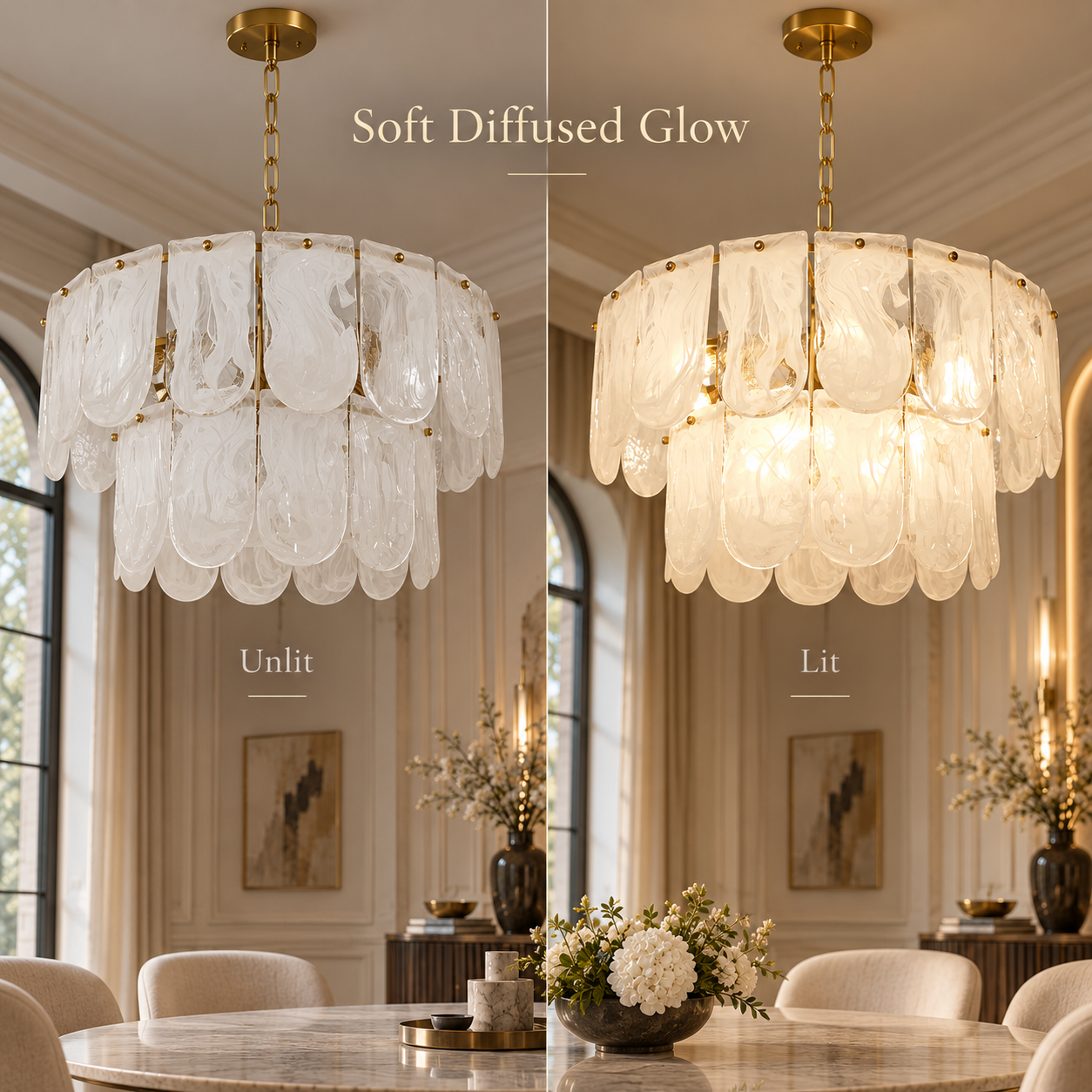 Water ripple cloud glass chandelier shown unlit and illuminated with soft diffused light