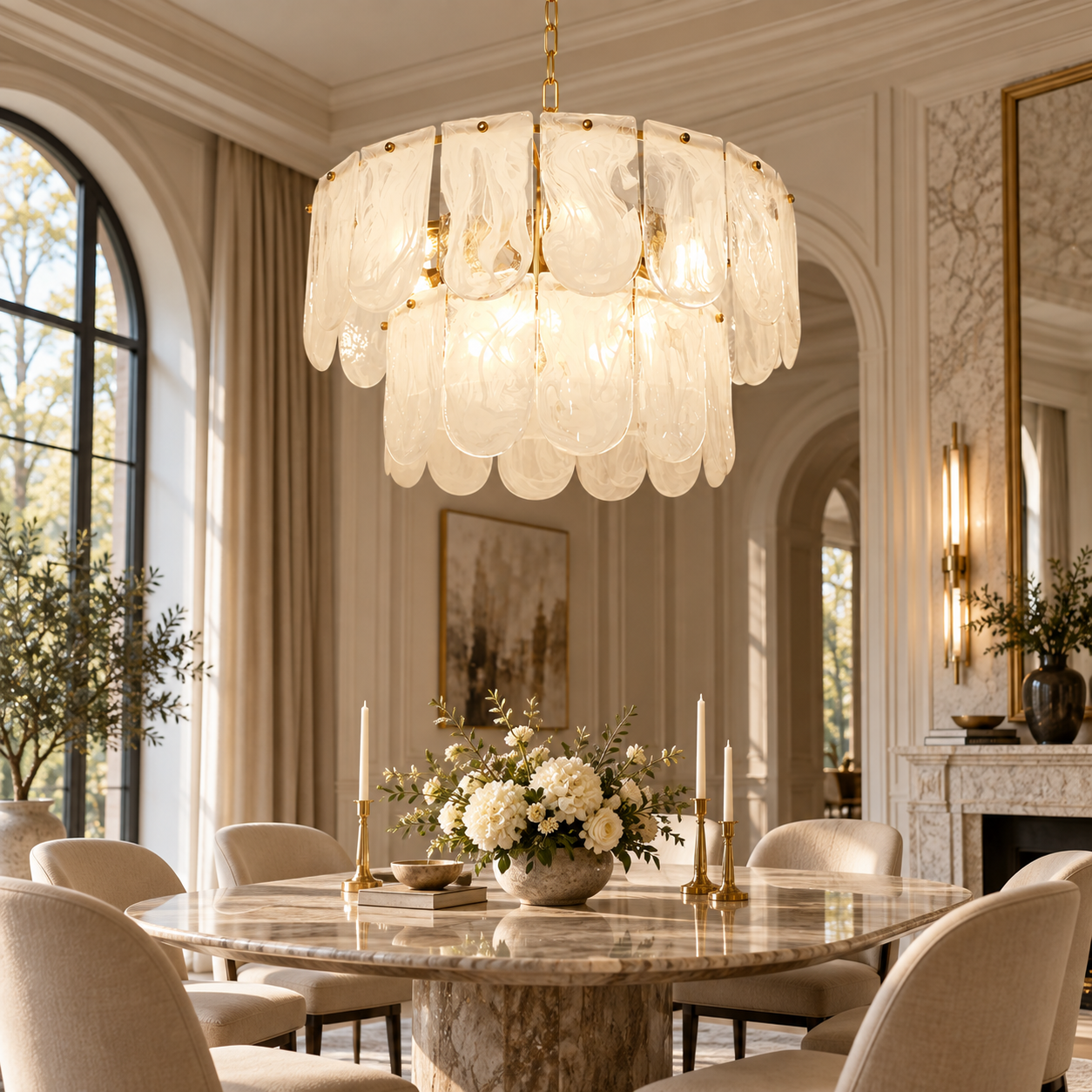 Two-tier water ripple glass chandelier installed above an elegant dining table