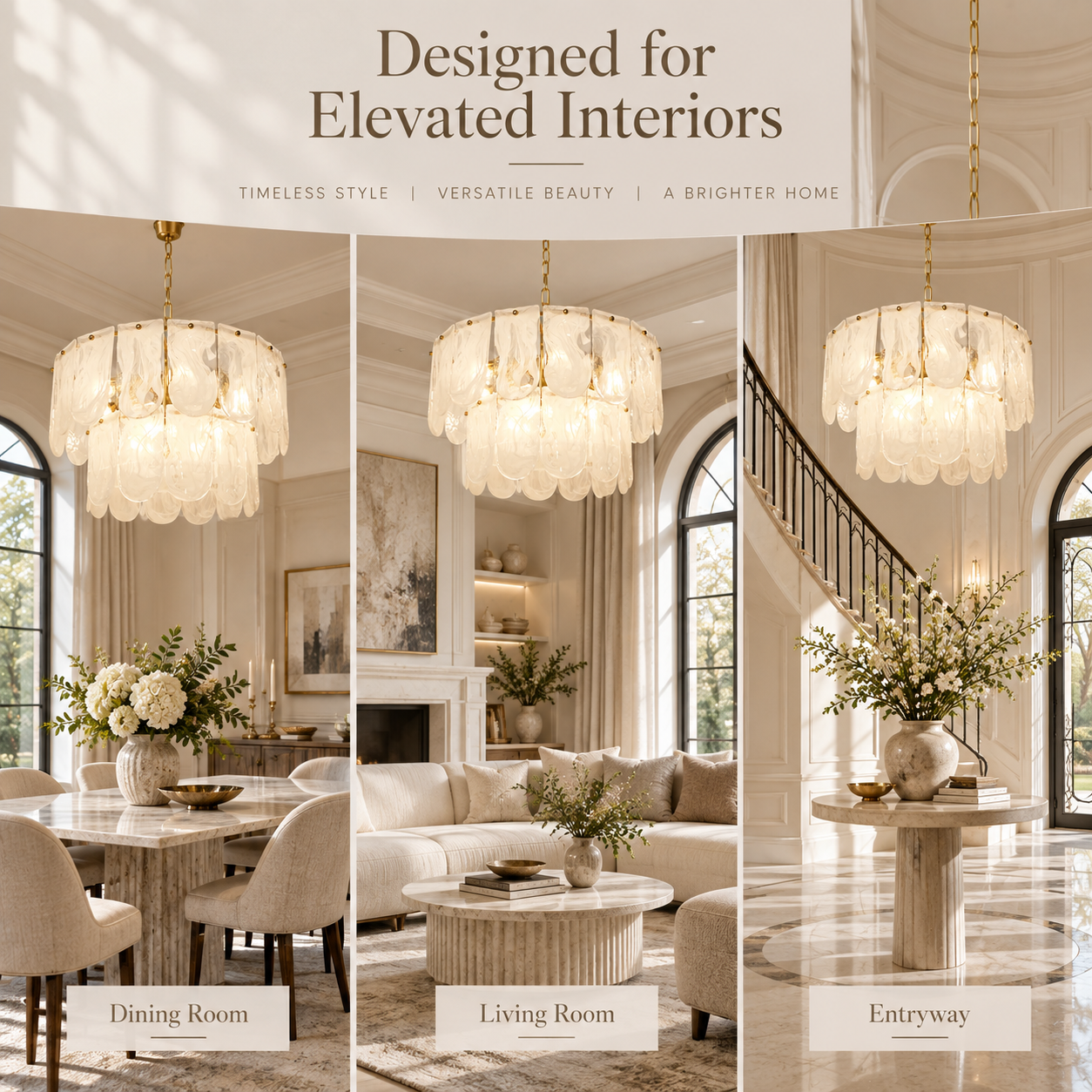 Water ripple cloud glass chandelier shown in dining room living room and entryway interiors