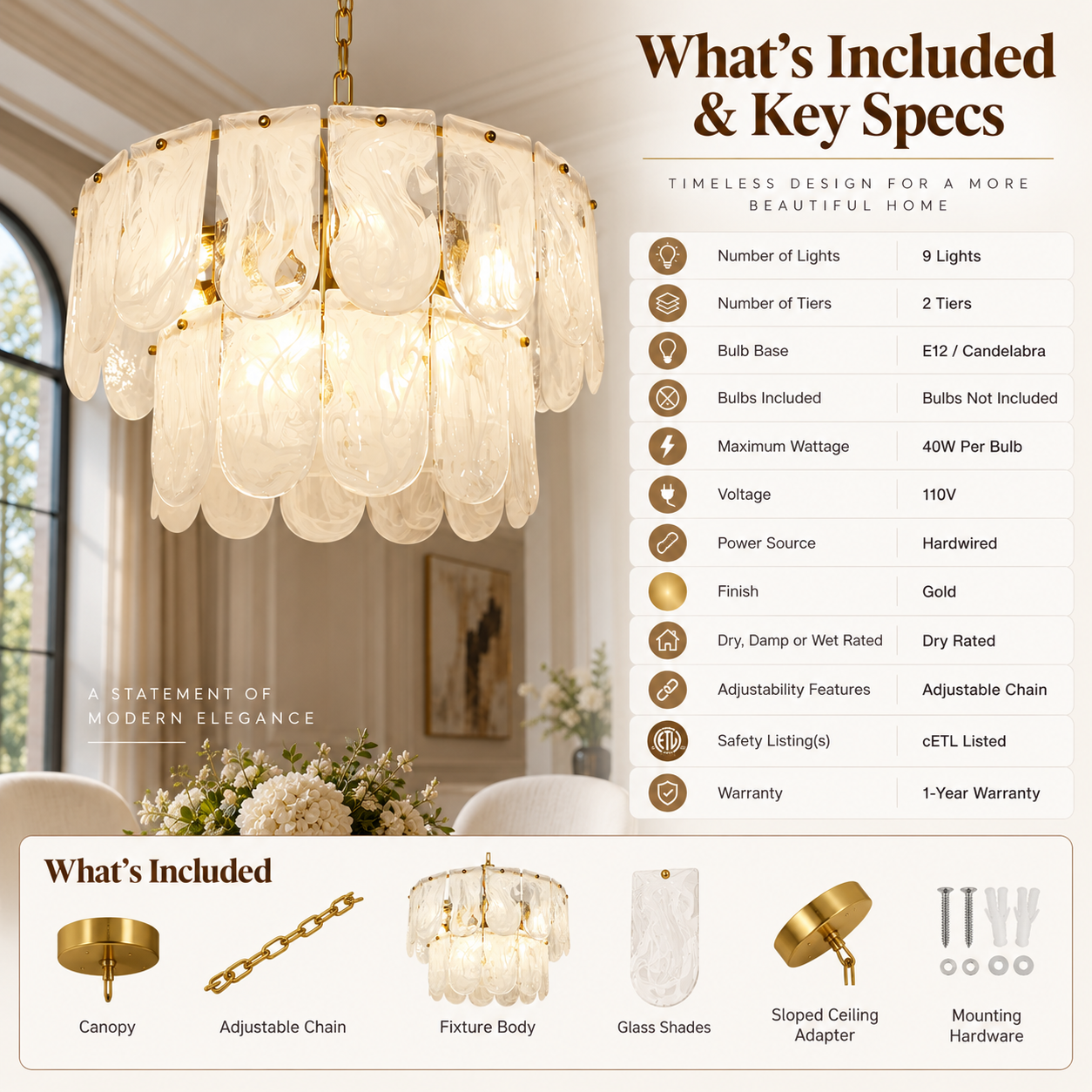 9-light two-tier glass chandelier key specifications with E12 base, gold finish and adjustable chain