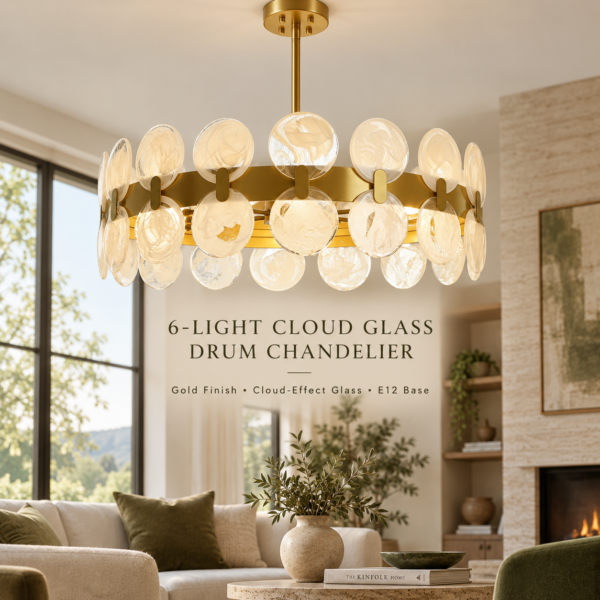6-light cloud glass drum chandelier with gold finish and swirl-pattern glass discs in an organic modern living room