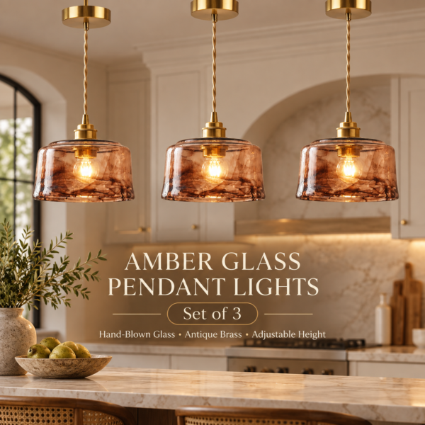 Amber glass pendant lights set of 3 with antique brass finish over kitchen island