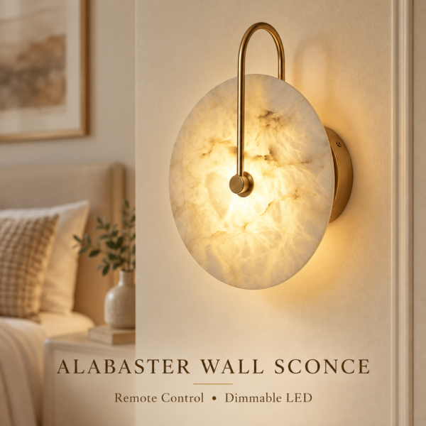 Natural alabaster wall sconce with gold frame and warm LED light in bedroom