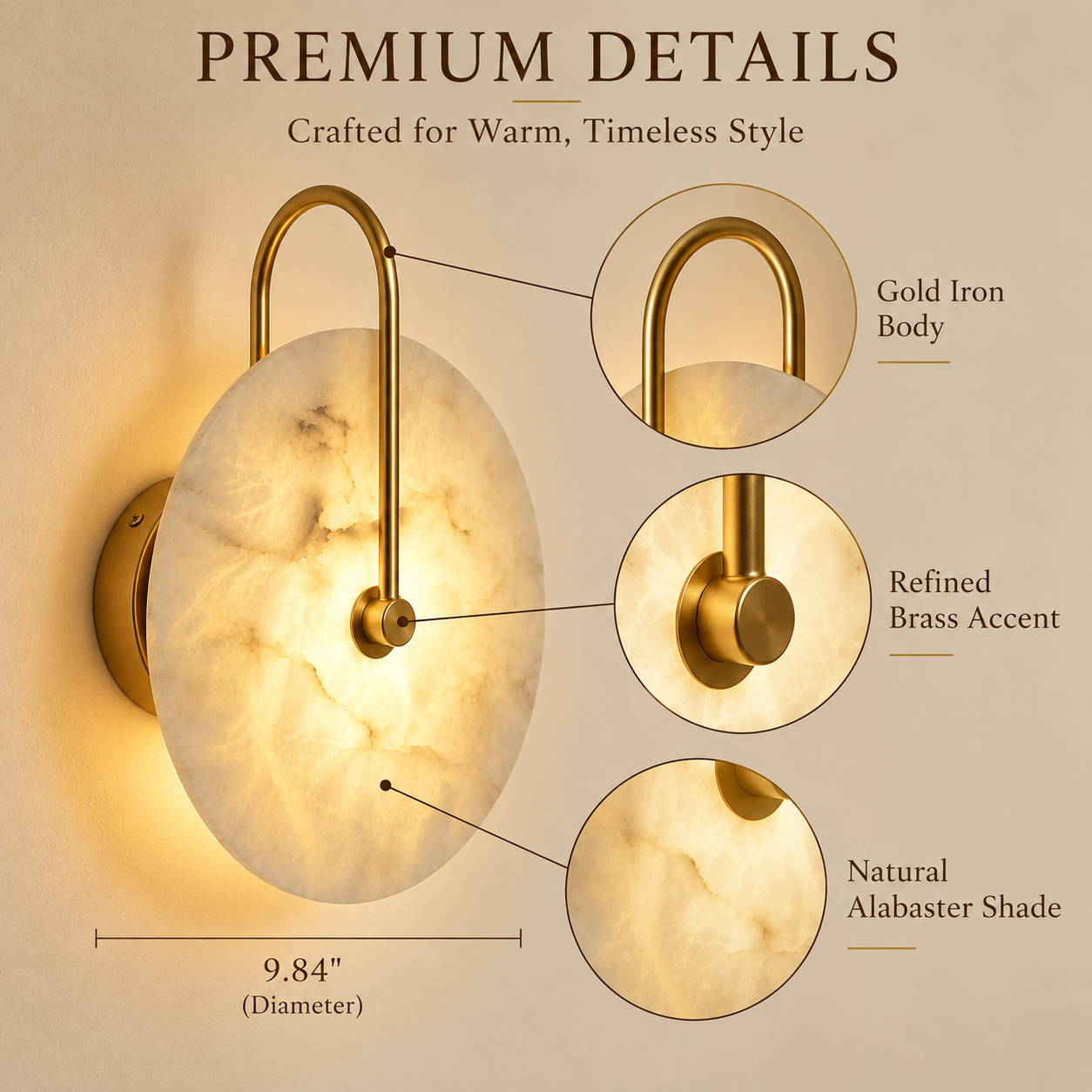 Alabaster wall sconce detail with gold iron body and natural stone shade