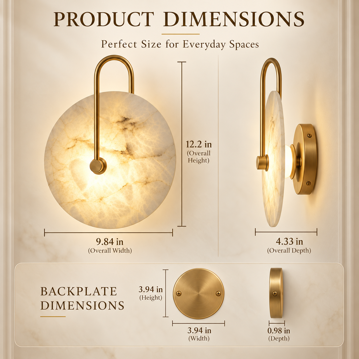 Alabaster wall sconce dimensions 12.2 inches high and 9.84 inches wide