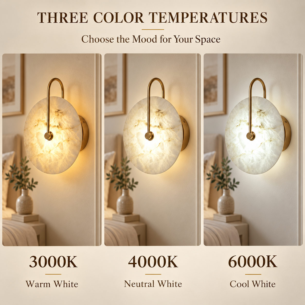 Alabaster LED wall sconce with 3000K 4000K and 6000K color temperatures