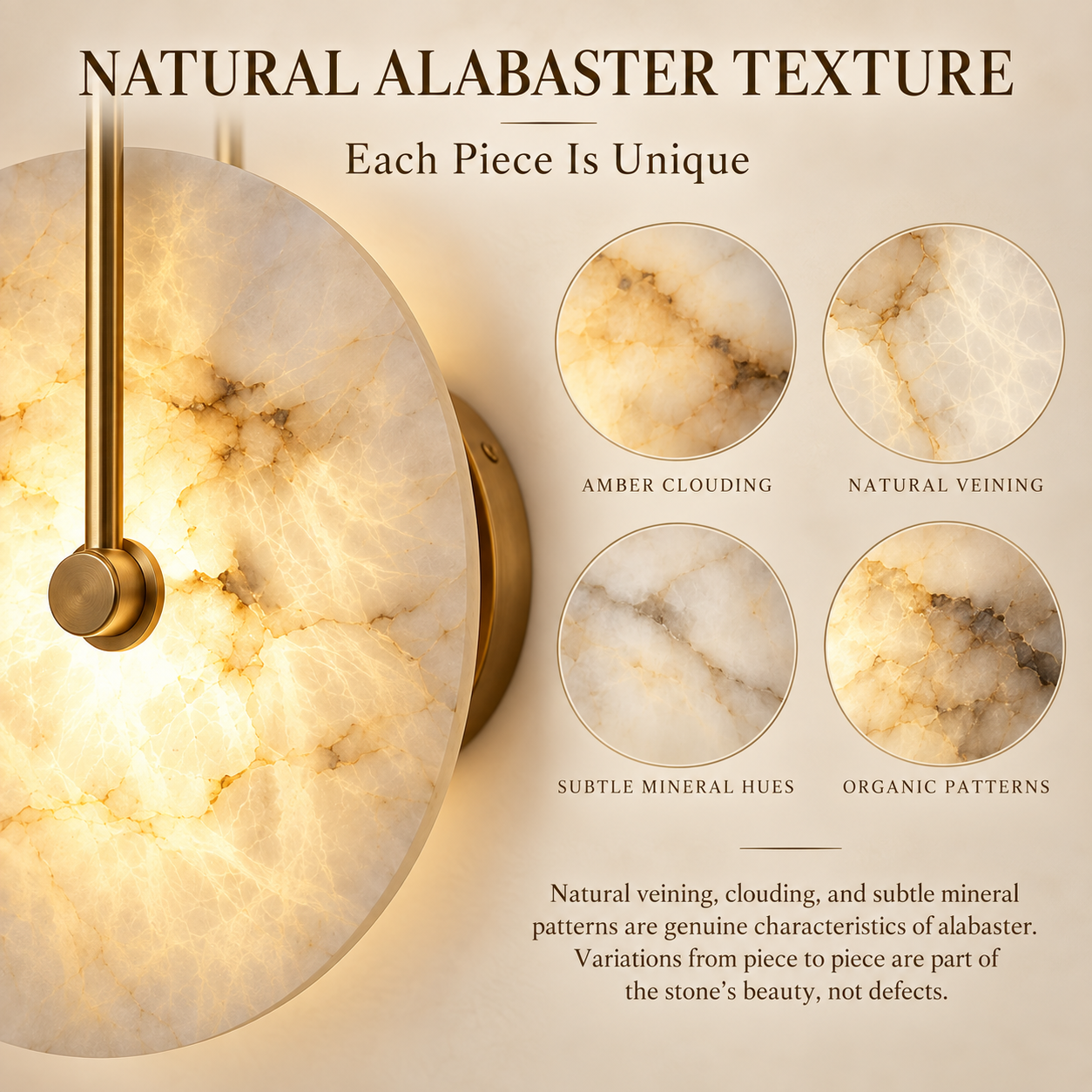 Natural alabaster stone wall light with unique veining and mineral patterns