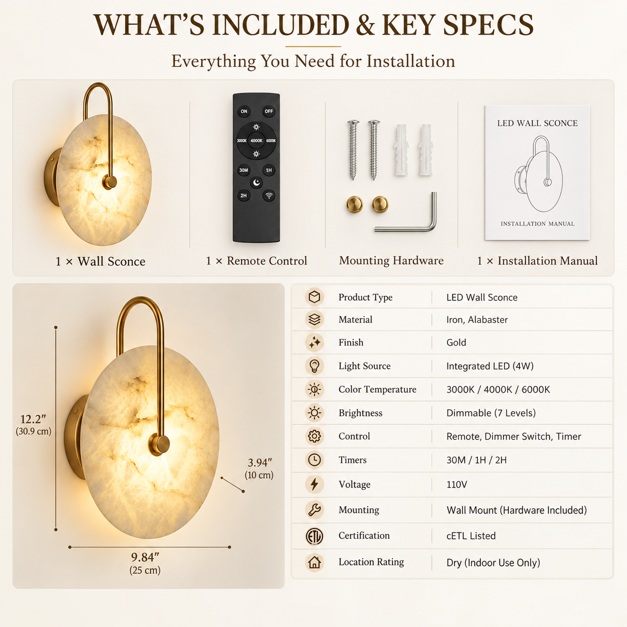 Alabaster LED wall sconce with remote mounting hardware and key specifications