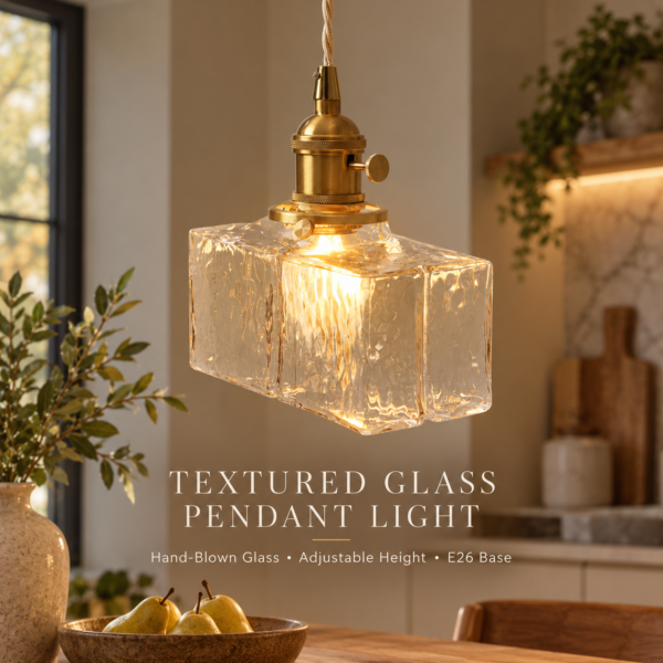 Textured glass pendant light with clear hand-blown square shade and brass-tone hardware
