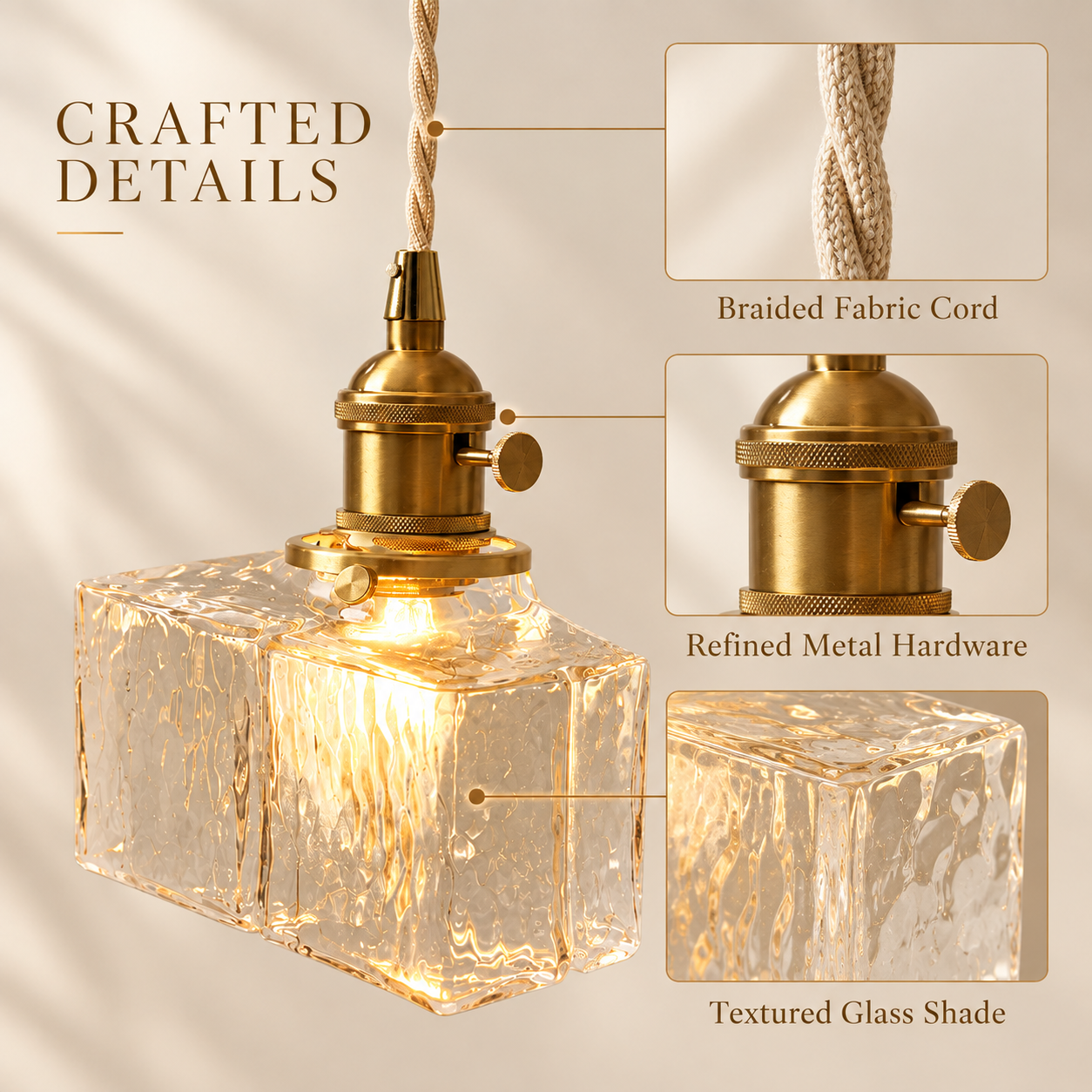 Clear glass pendant light with braided fabric cord textured shade and metal socket details