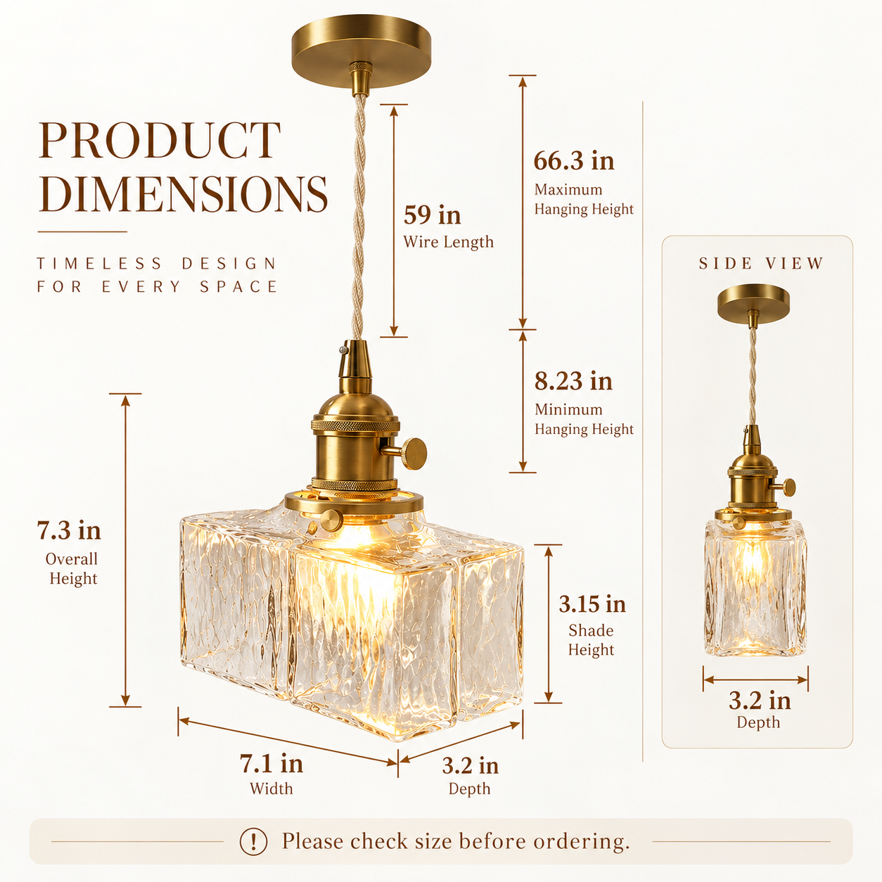 Square glass pendant light dimensions with 7.1 inch width and 59 inch adjustable cord