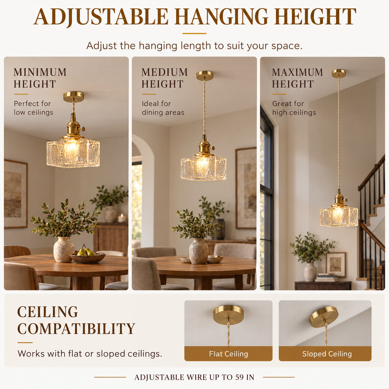 Adjustable glass pendant light shown at different heights for flat and sloped ceilings