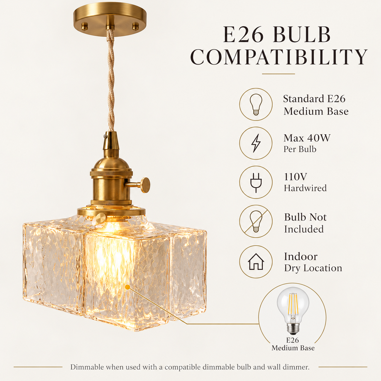 E26 textured glass pendant light compatible with bulbs up to 40 watts