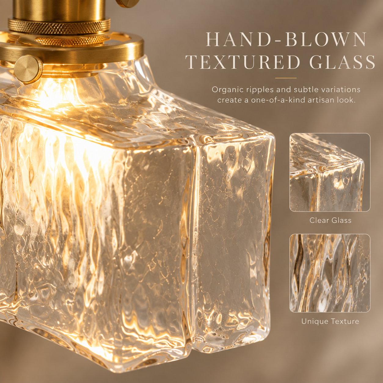 Close-up of hand-blown clear textured glass pendant shade