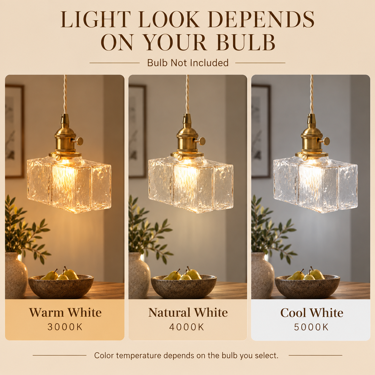 Clear glass pendant light with warm neutral and cool white bulb examples