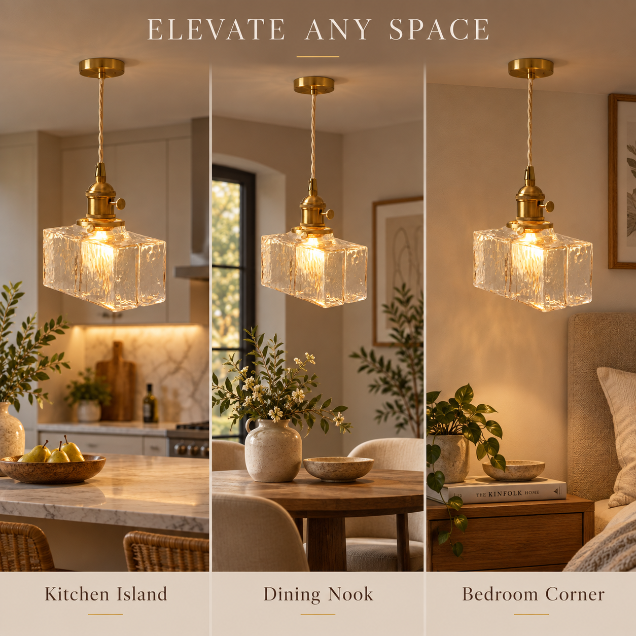 Textured glass pendant light used over kitchen island dining nook and bedroom corner